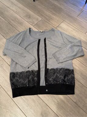 One A Gray Cardigan with Black Lace Hem